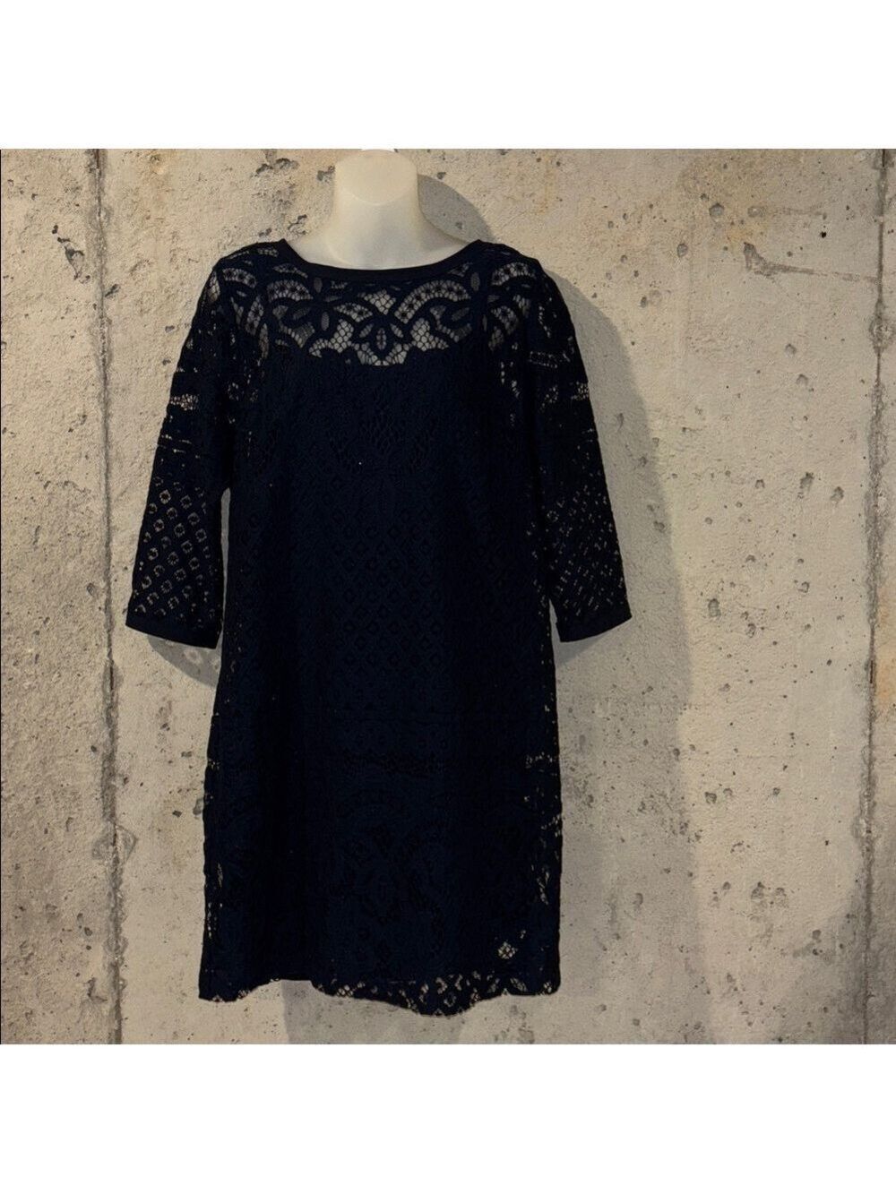 Ann Taylor Loft Dress Navy Blue Shift Eyelet Lace Dress with 3/4 Sleeve - Sz 6